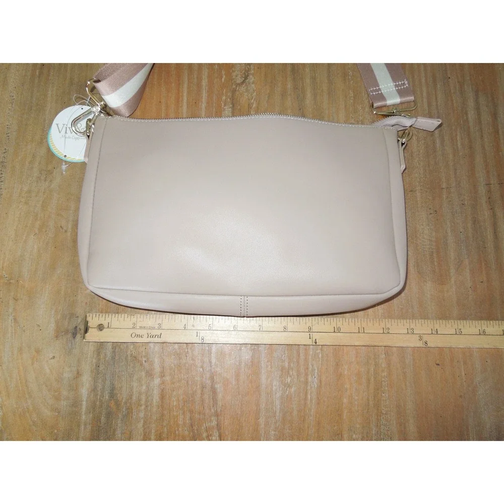 Womens Vegan Leather Crossbody Bag Beige Taupe Striped Strap New
